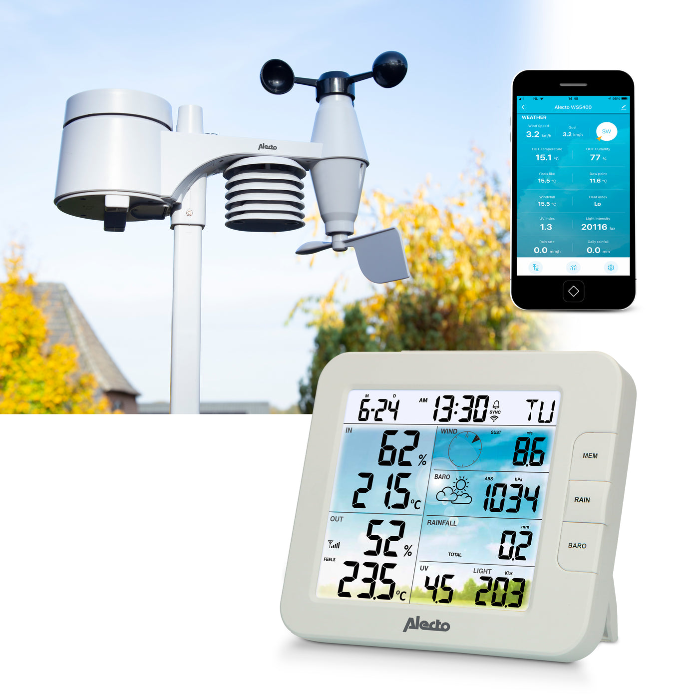Alecto WS5400 - Station météo professionnelle 8 en 1 avec Wi-fi, app et capteur extérieur sans fil , blanc