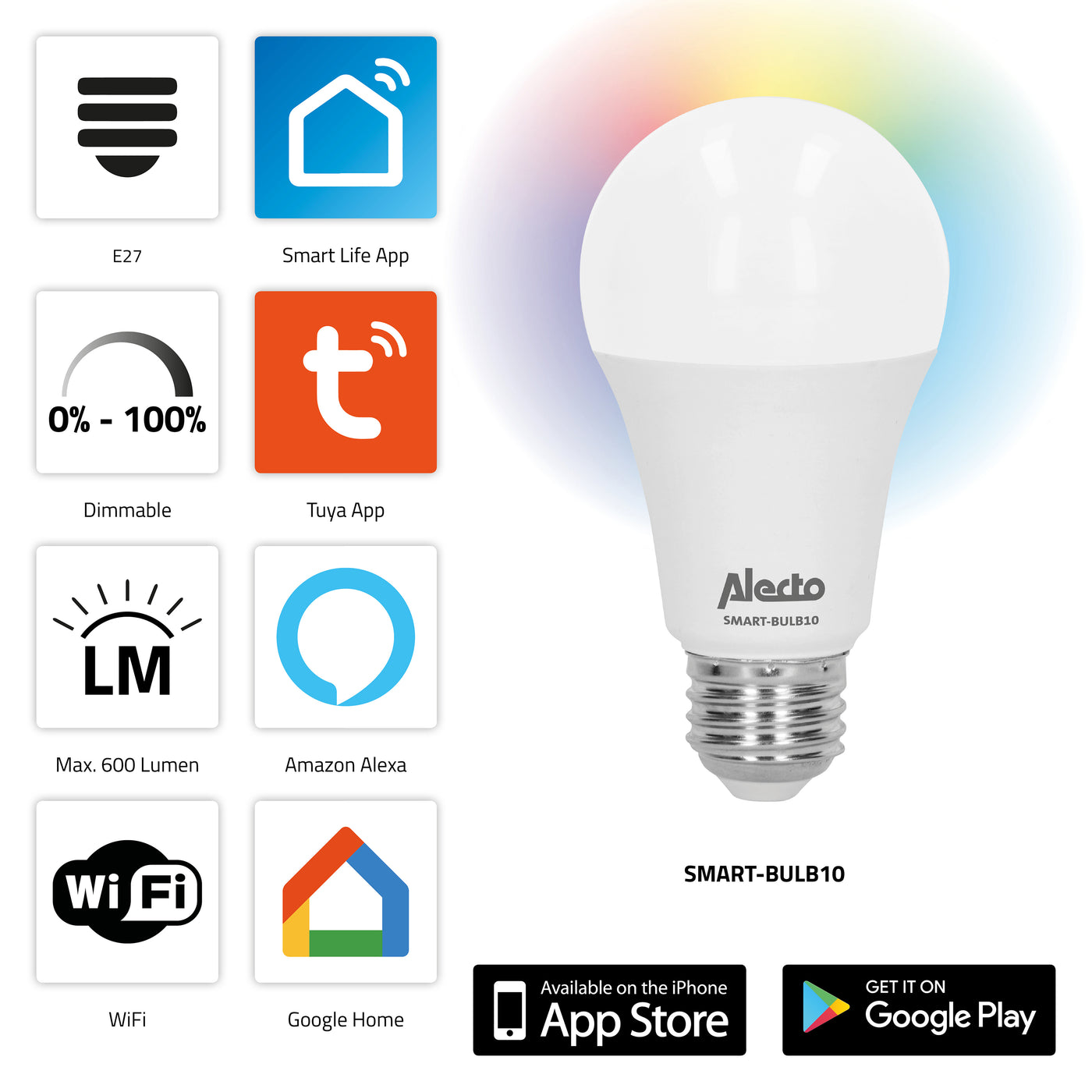 Alecto SMART-BULB10 DUO - Smart Lampe LED Wi-Fi, pack de 2, blanc