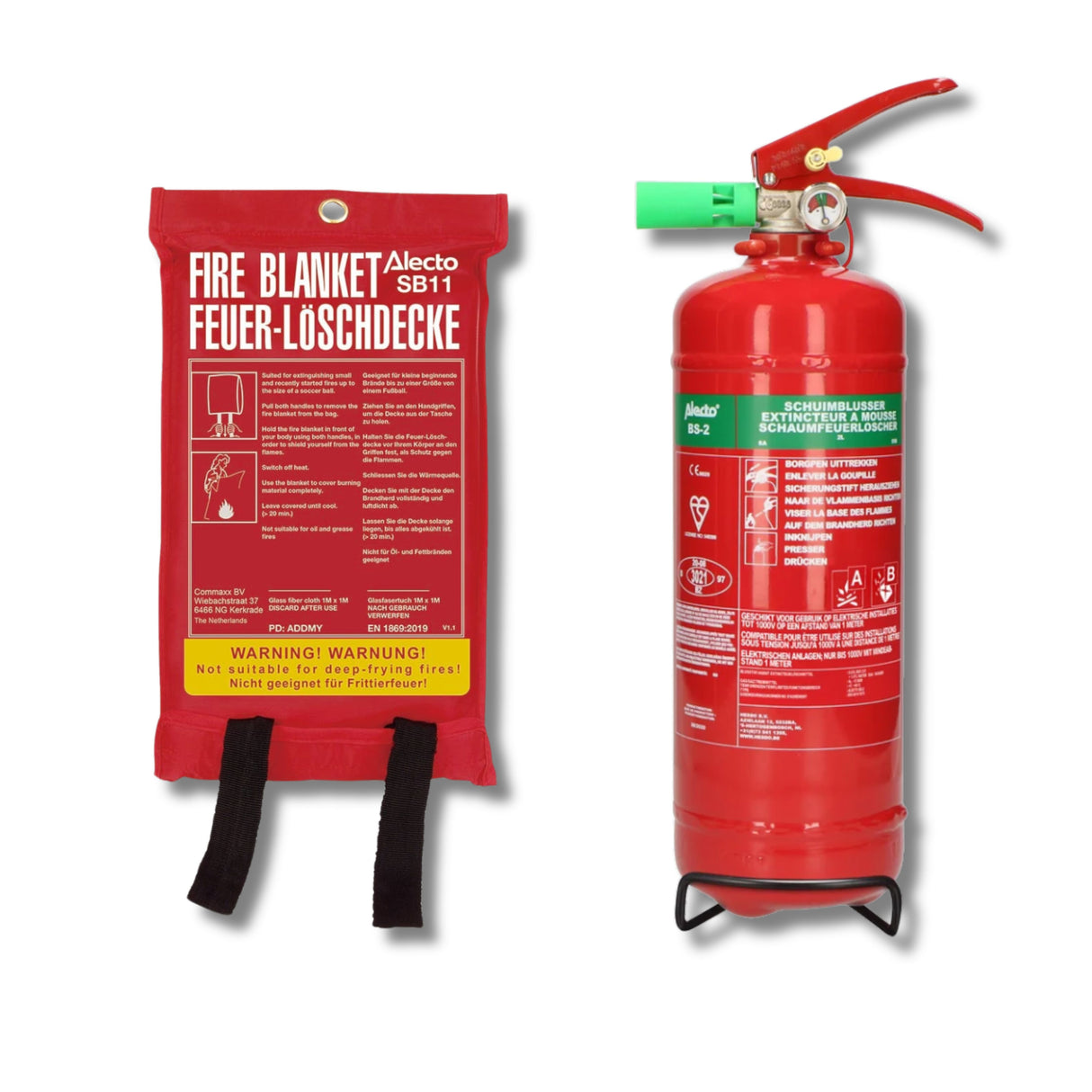 Alecto SB11 + BS-2 - Kit de sécurité incendie - Couverture anti-feu SB11 (100 x 100 cm) + Extincteur à mousse BS-2 (2 kg)