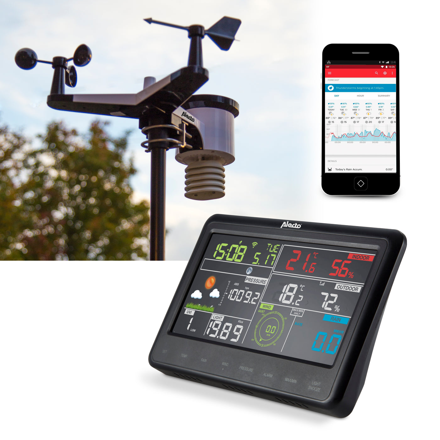 Alecto WS-5500 - Station météo professionnelle 8 en 1 avec Wi-fi, app et capteur extérieur sans fil , noir