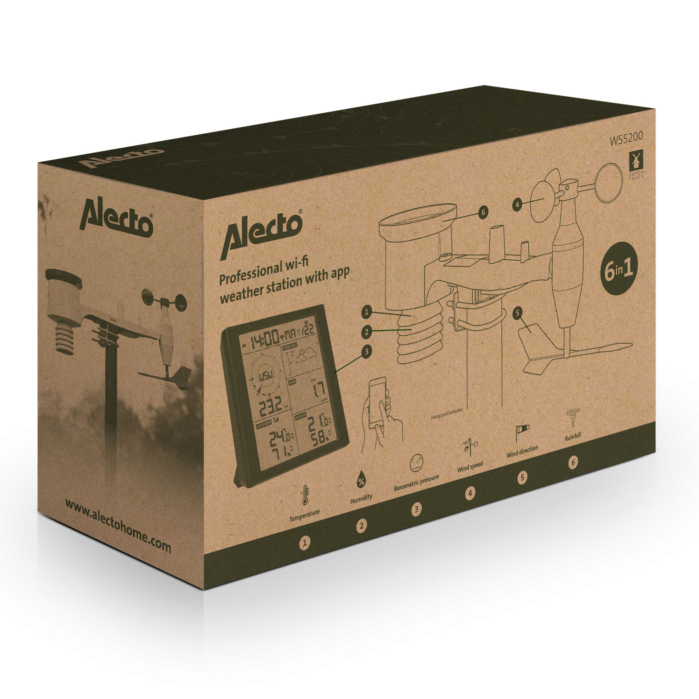 Alecto WS5200 - Station météo professionnelle 6 en 1 avec Wi-fi, app et capteur extérieur sans fil , noir