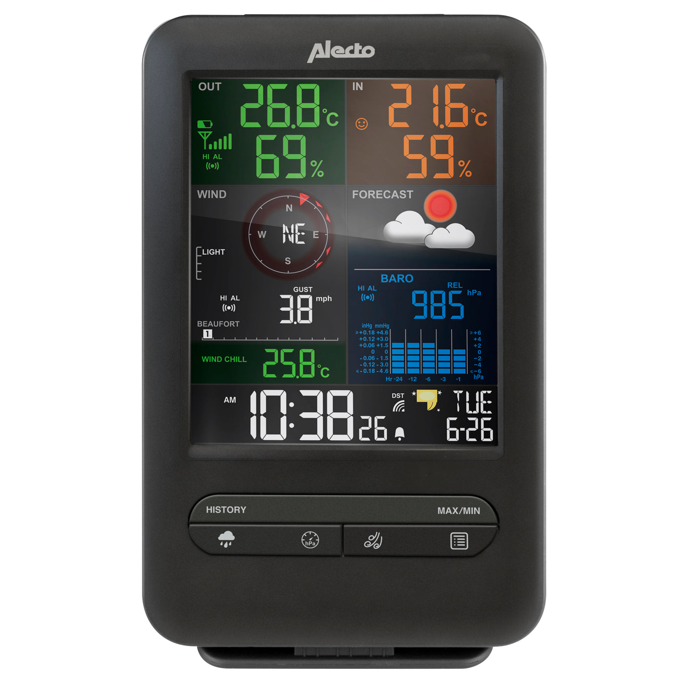 Alecto WS-4900 - Station météo professionnelle avec capteur extérieur sans fil, noir