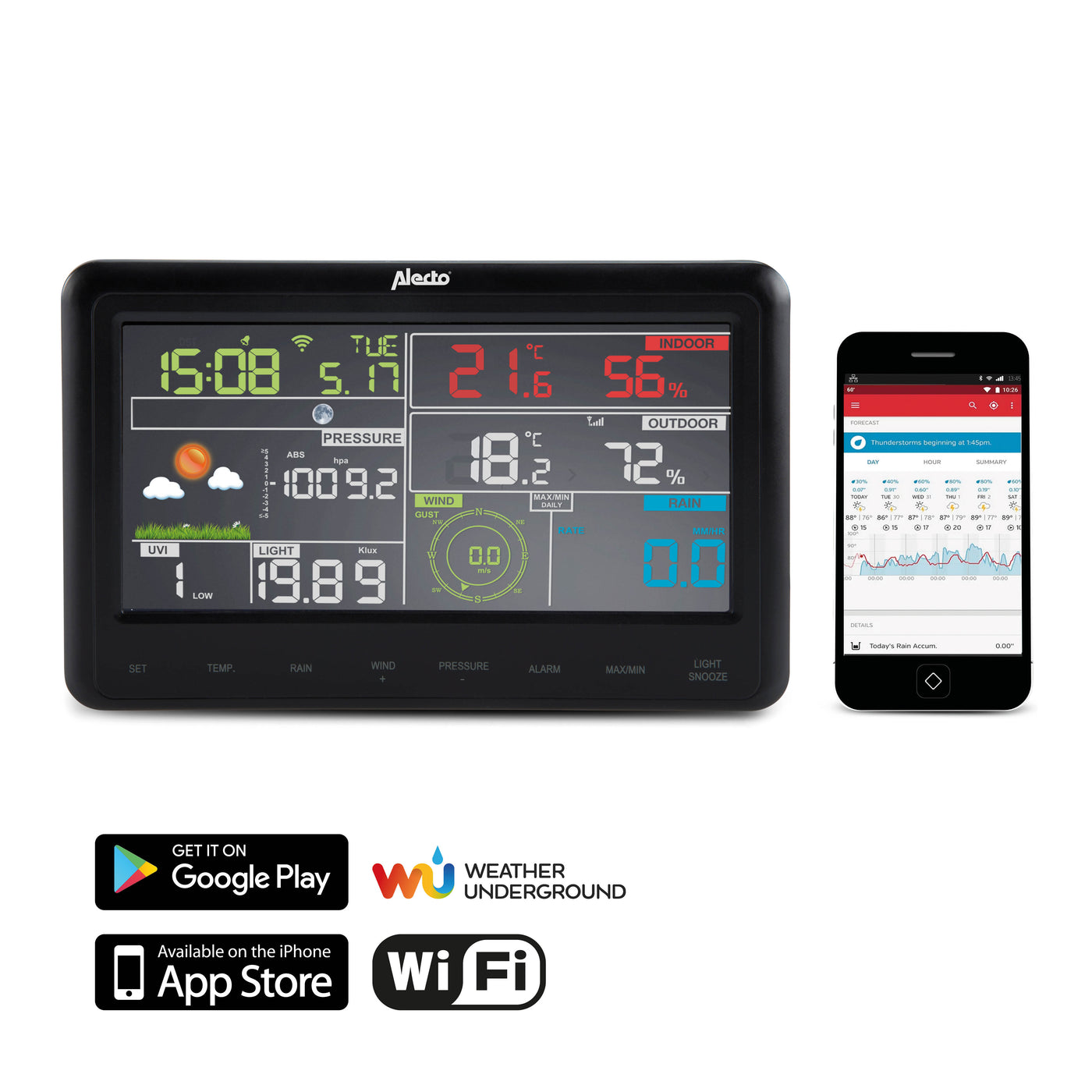 Alecto WS-5500 - Station météo professionnelle 8 en 1 avec Wi-fi, app et capteur extérieur sans fil , noir