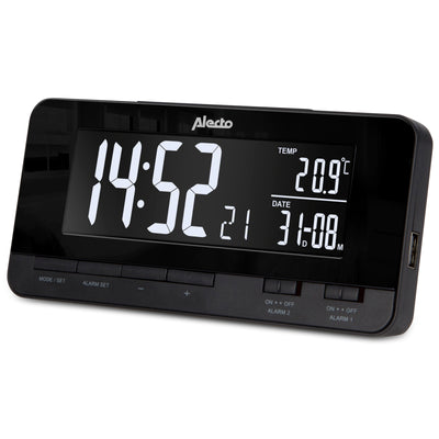 Alecto AK-60 - Réveil numérique avec indication de la température et 2x connexion USB, noir